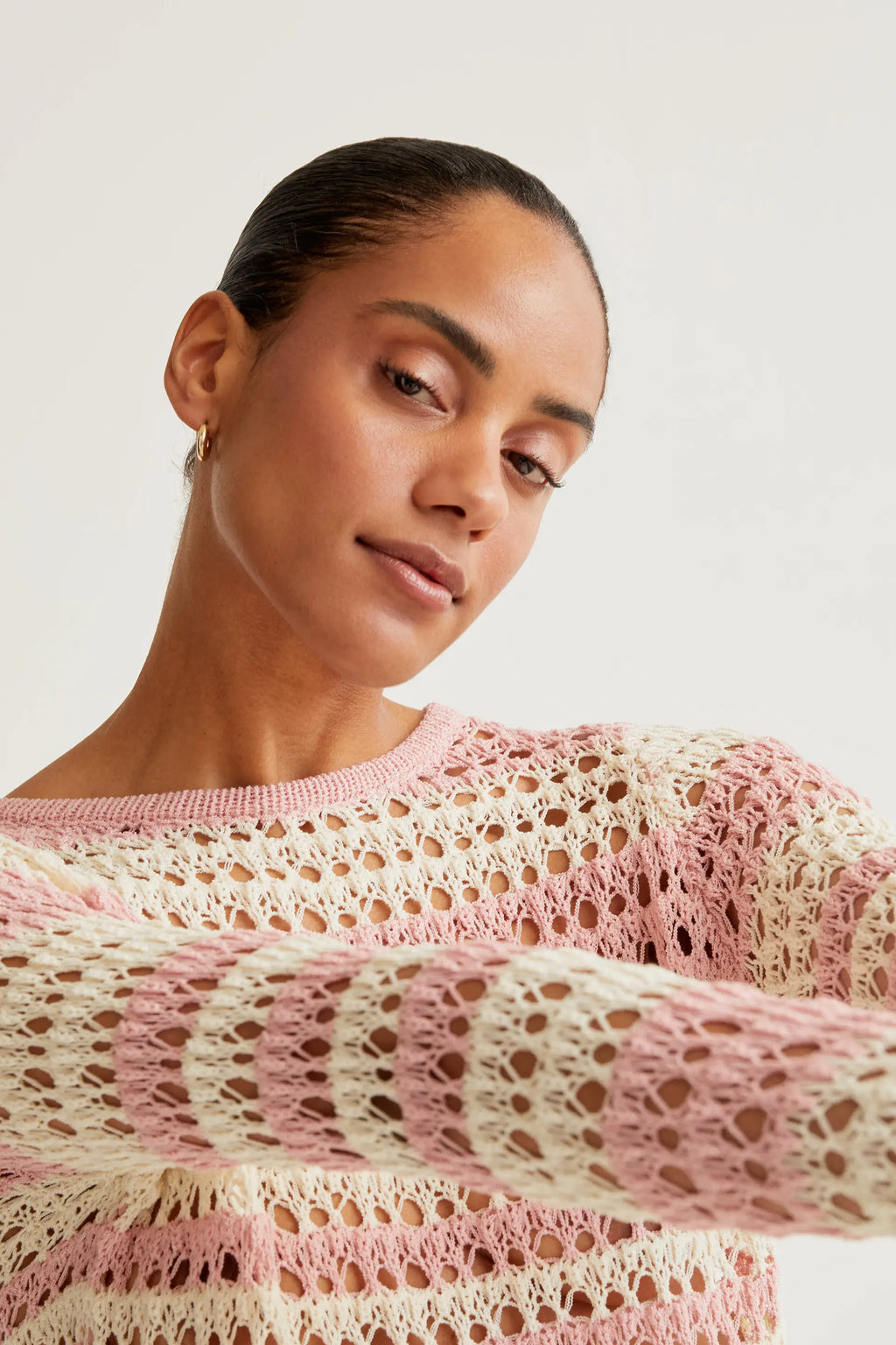 Top punto calado con rayas blanco y rosa