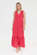 Vestido largo fucsia con escote pico