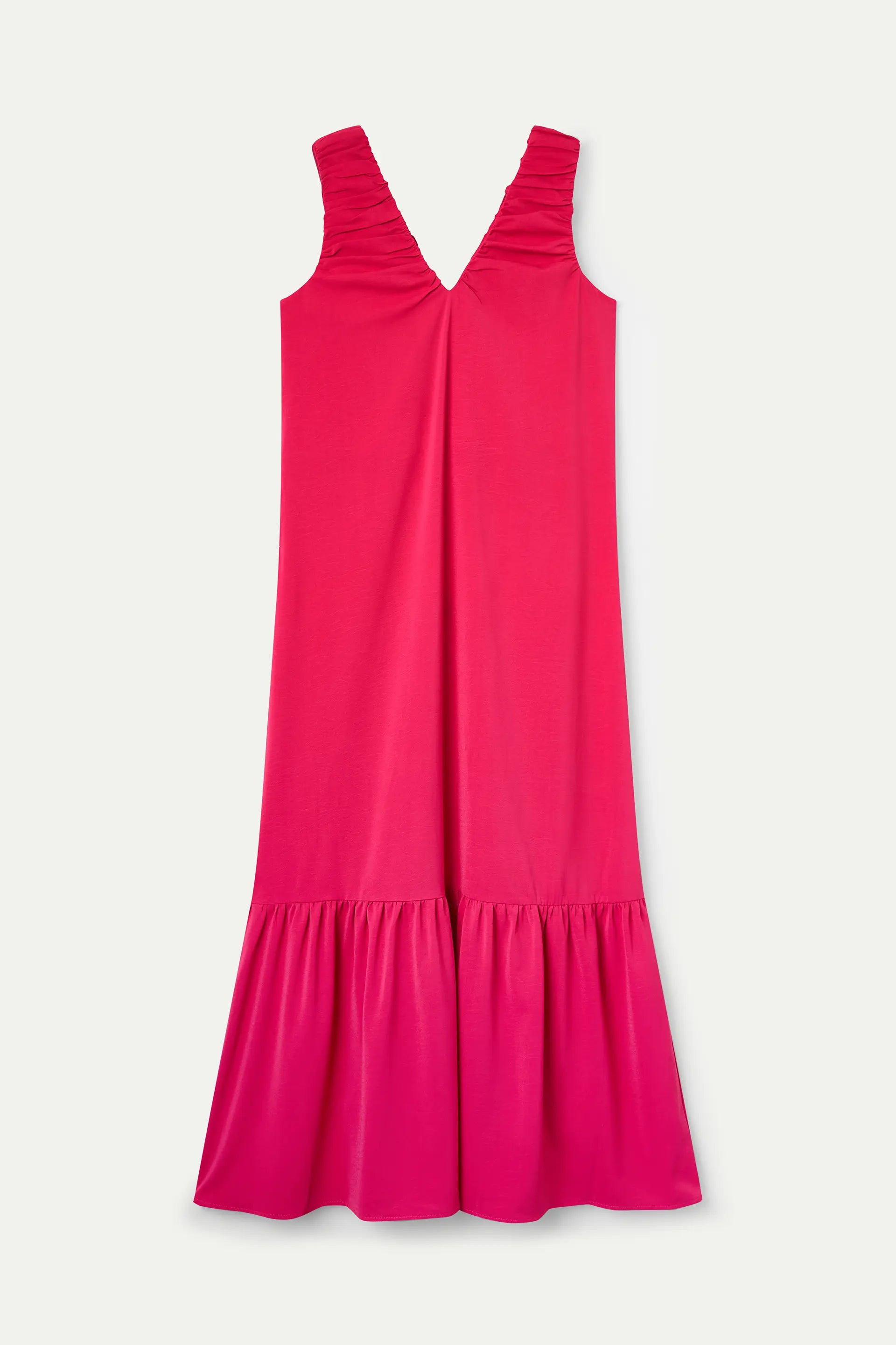 Vestido largo fucsia con escote pico