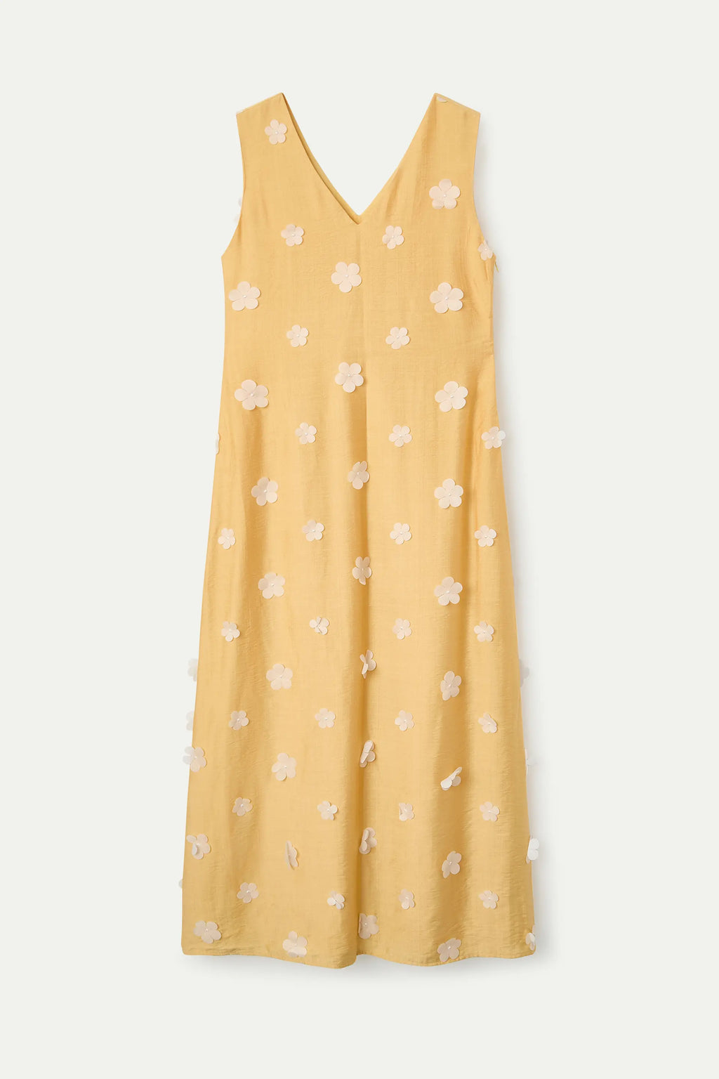 Vestido largo amarillo claro con bordado floral