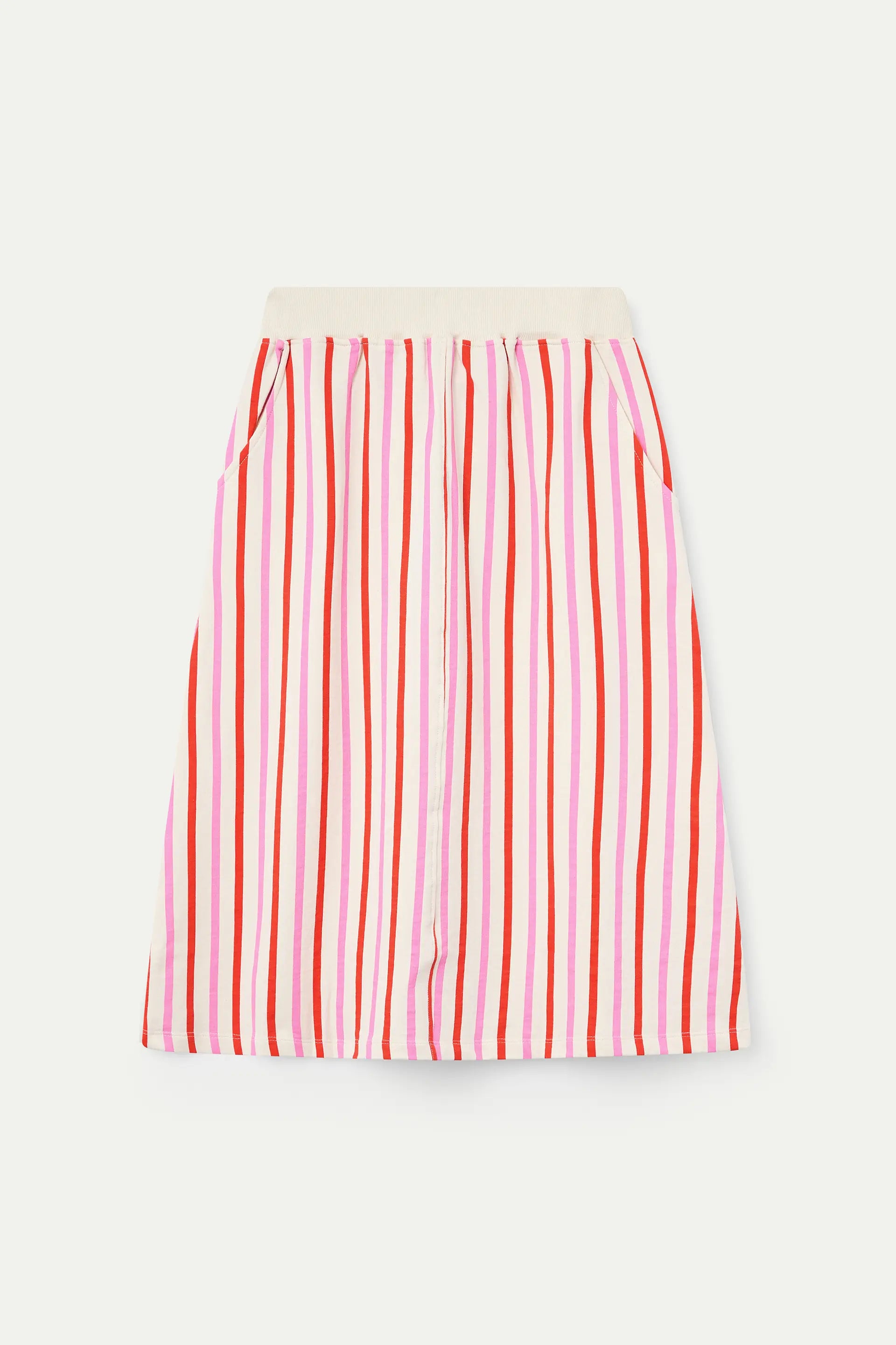Falda midi con estampado de rayas rosa y rojo