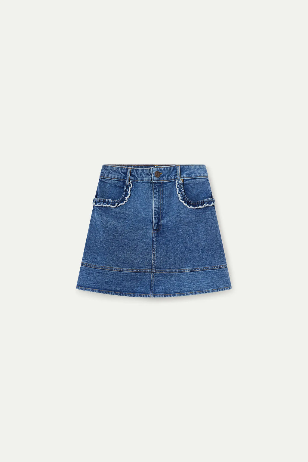 Falda denim azul con detalle de volantes