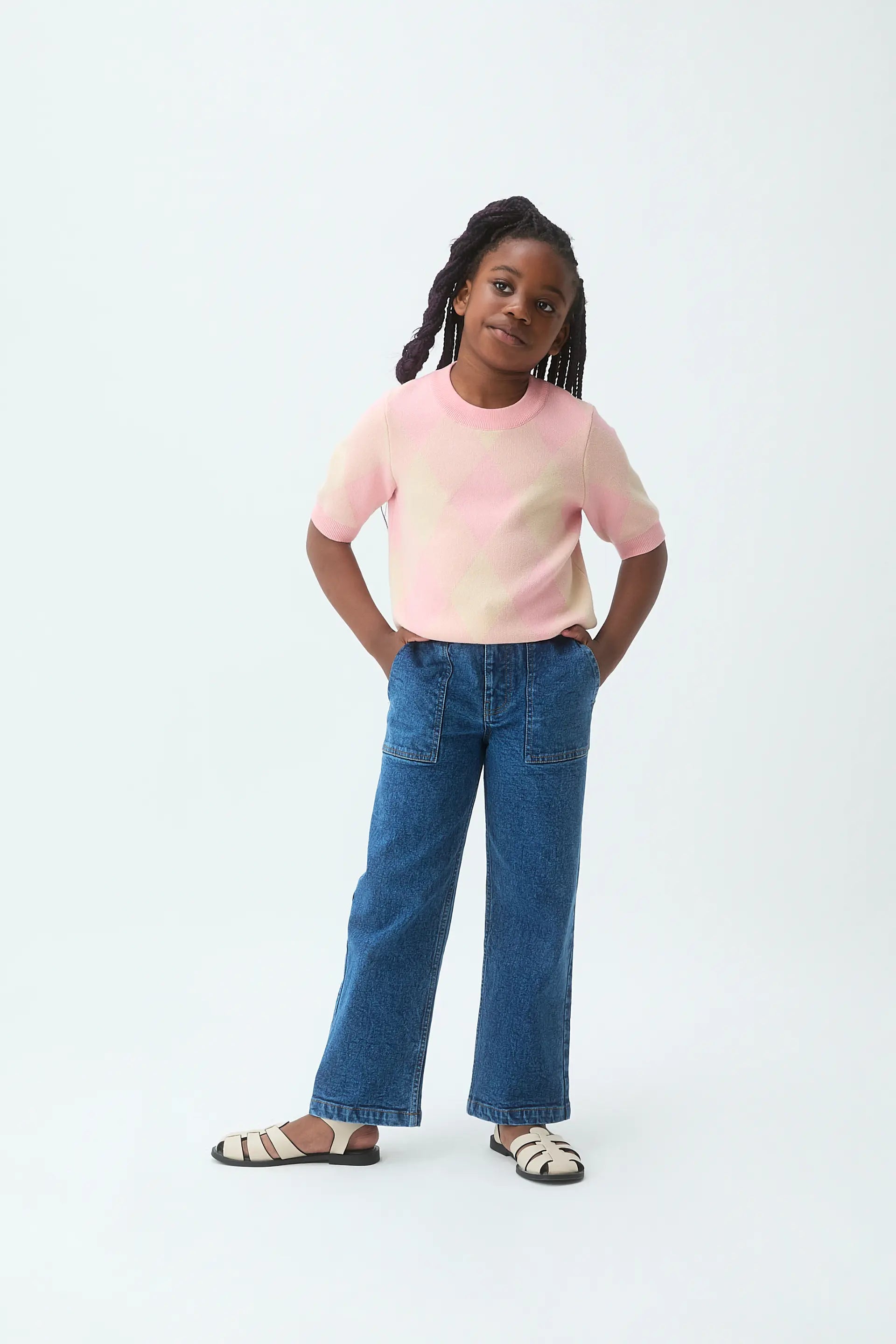 Jersey de punto de niña jacquard  rombos rosas