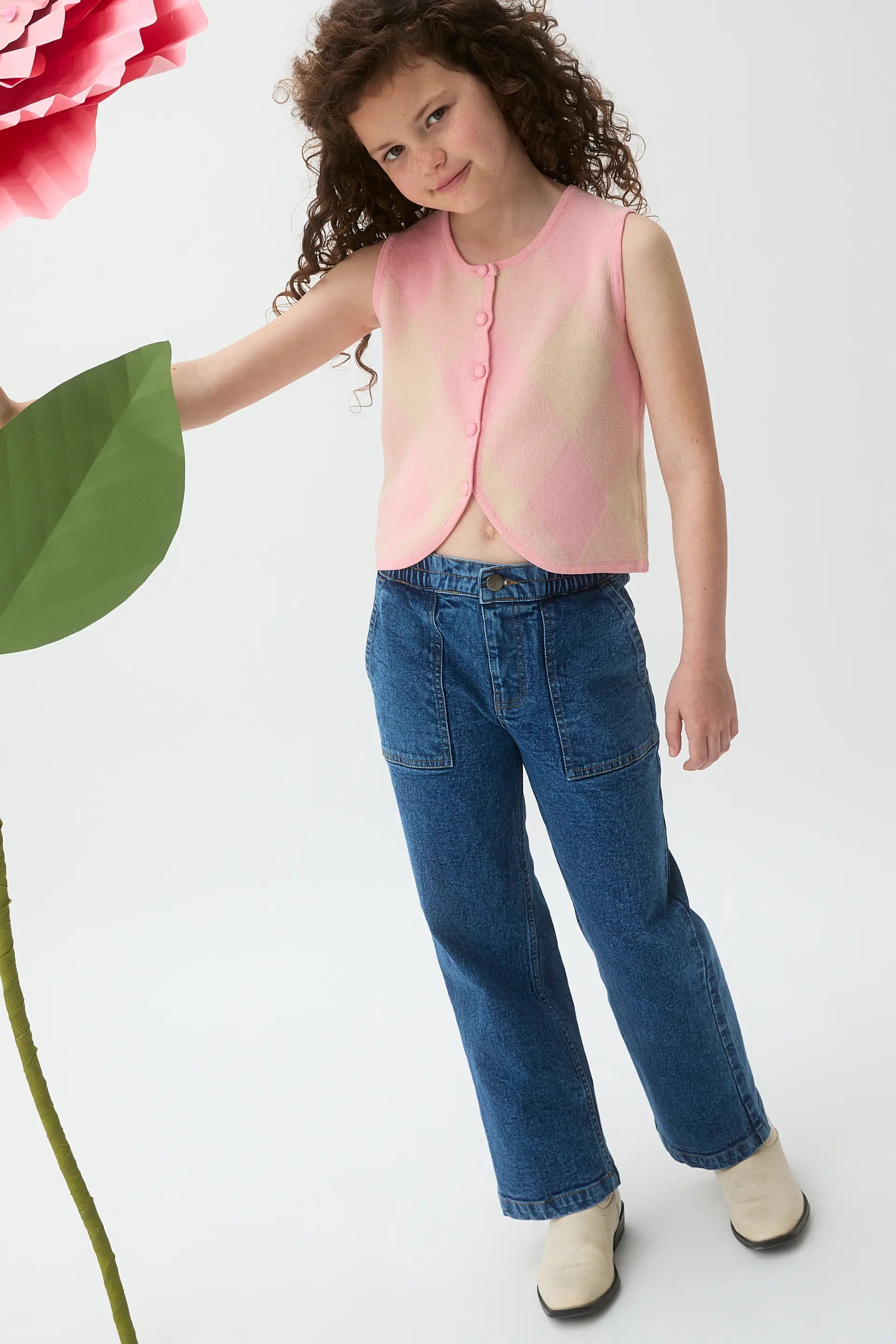Chaleco de punto jacquard de ni?a con rombos rosas