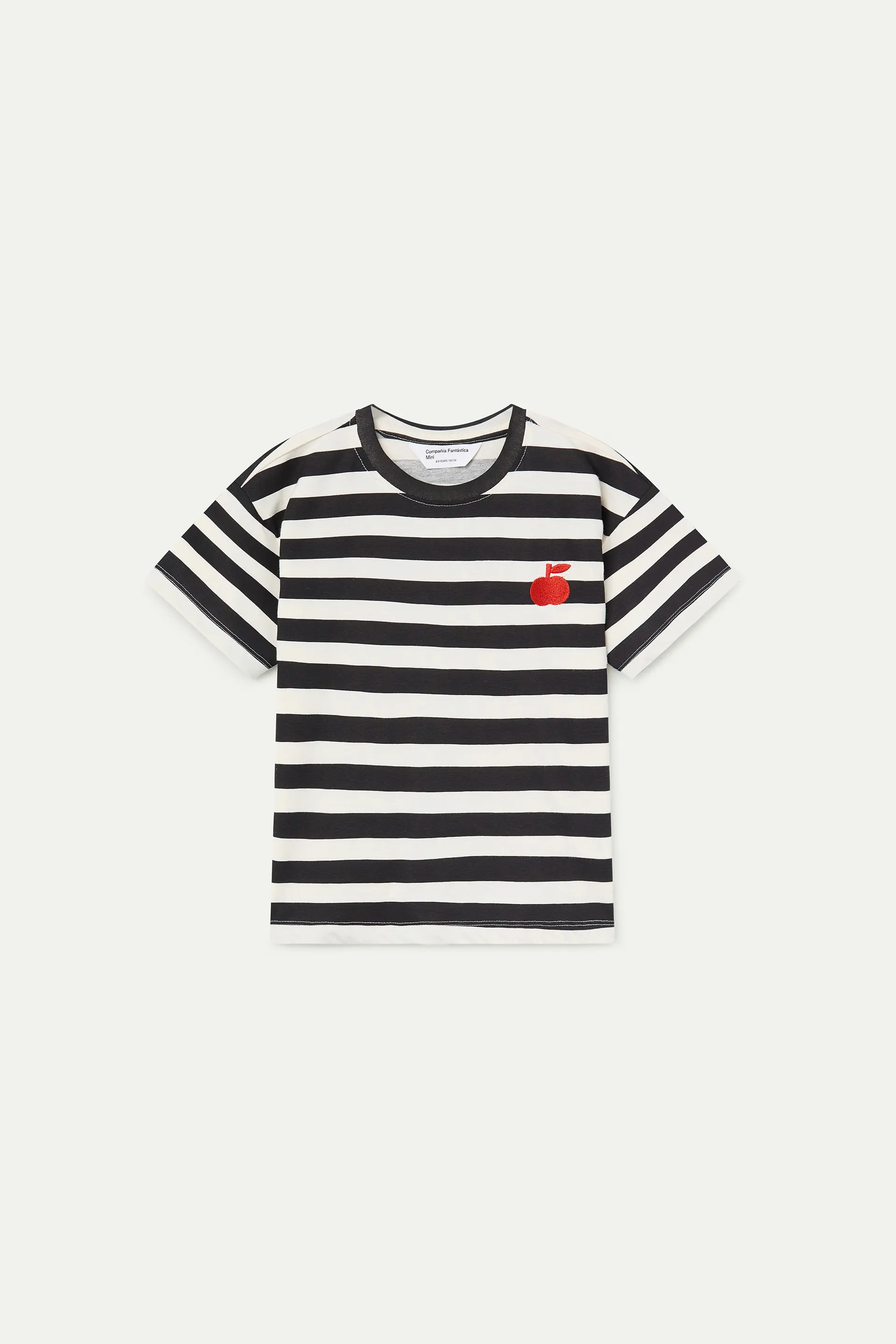 Camiseta de ni?a con estampado de rayas negras y bordado de manzana