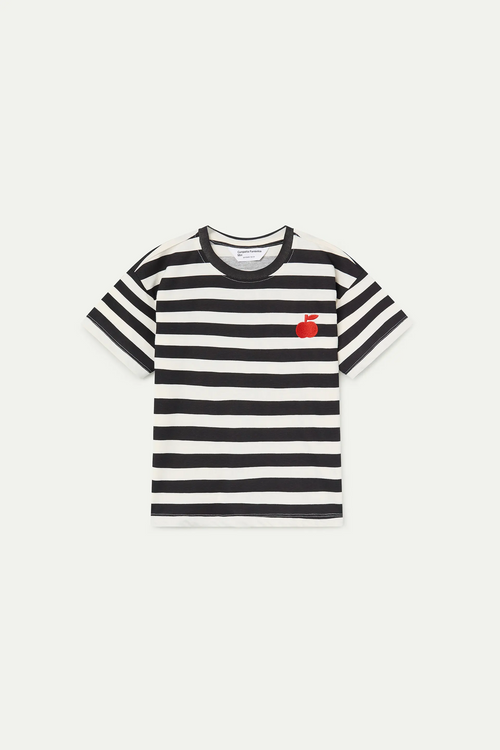 Camiseta de ni?a con estampado de rayas negras y bordado de manzana