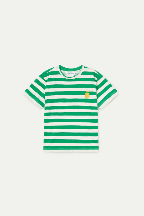 Camiseta de ni?a con estampado de rayas verdes y bordado de manzana