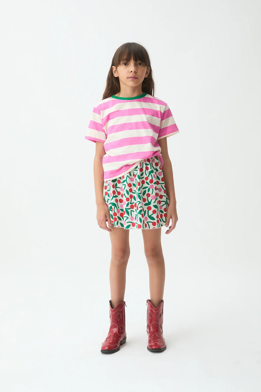 Camiseta de ni?a con estampado de rayas rosa y blanca
