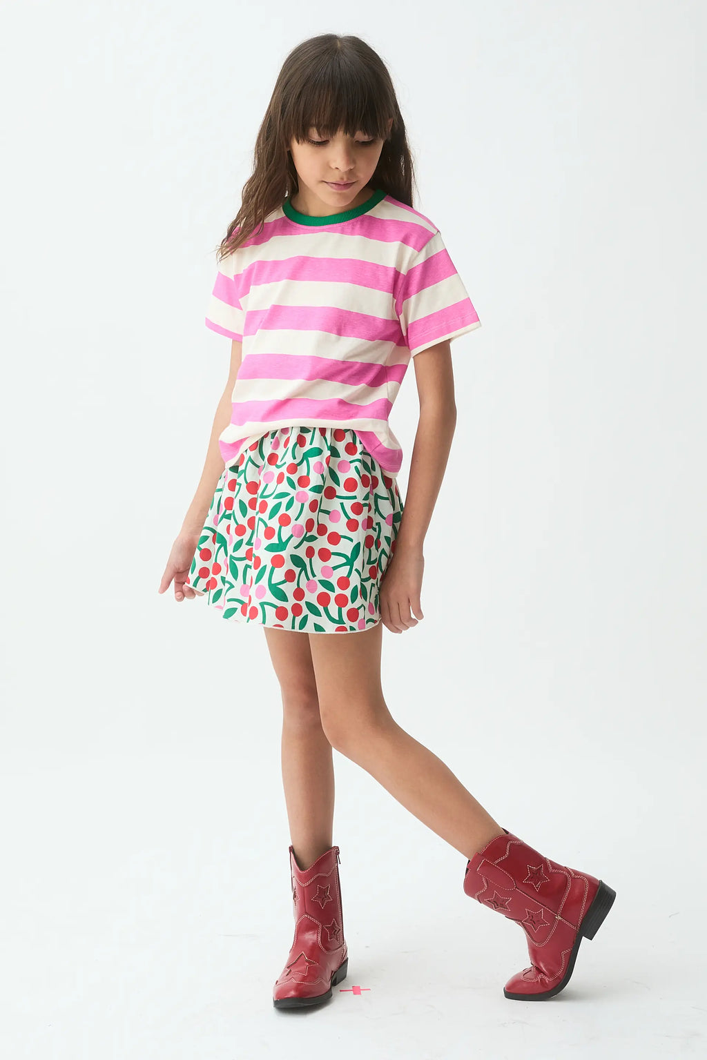 Camiseta de ni?a con estampado de rayas rosa y blanca