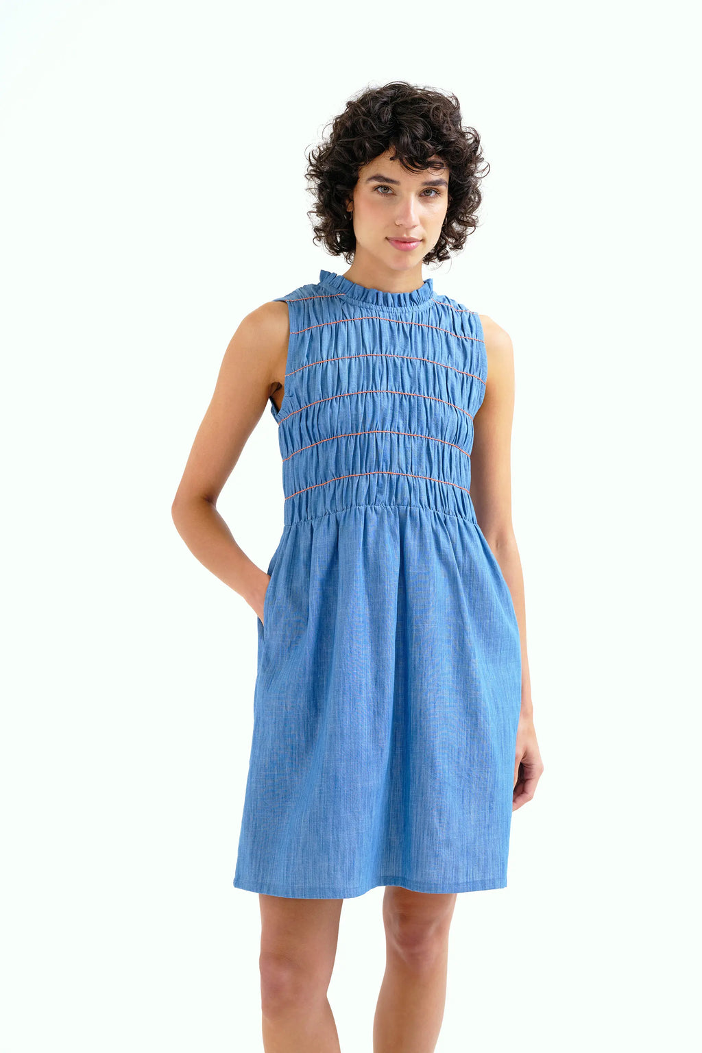 Vestido corto 100% algod¨®n chambray azul claro