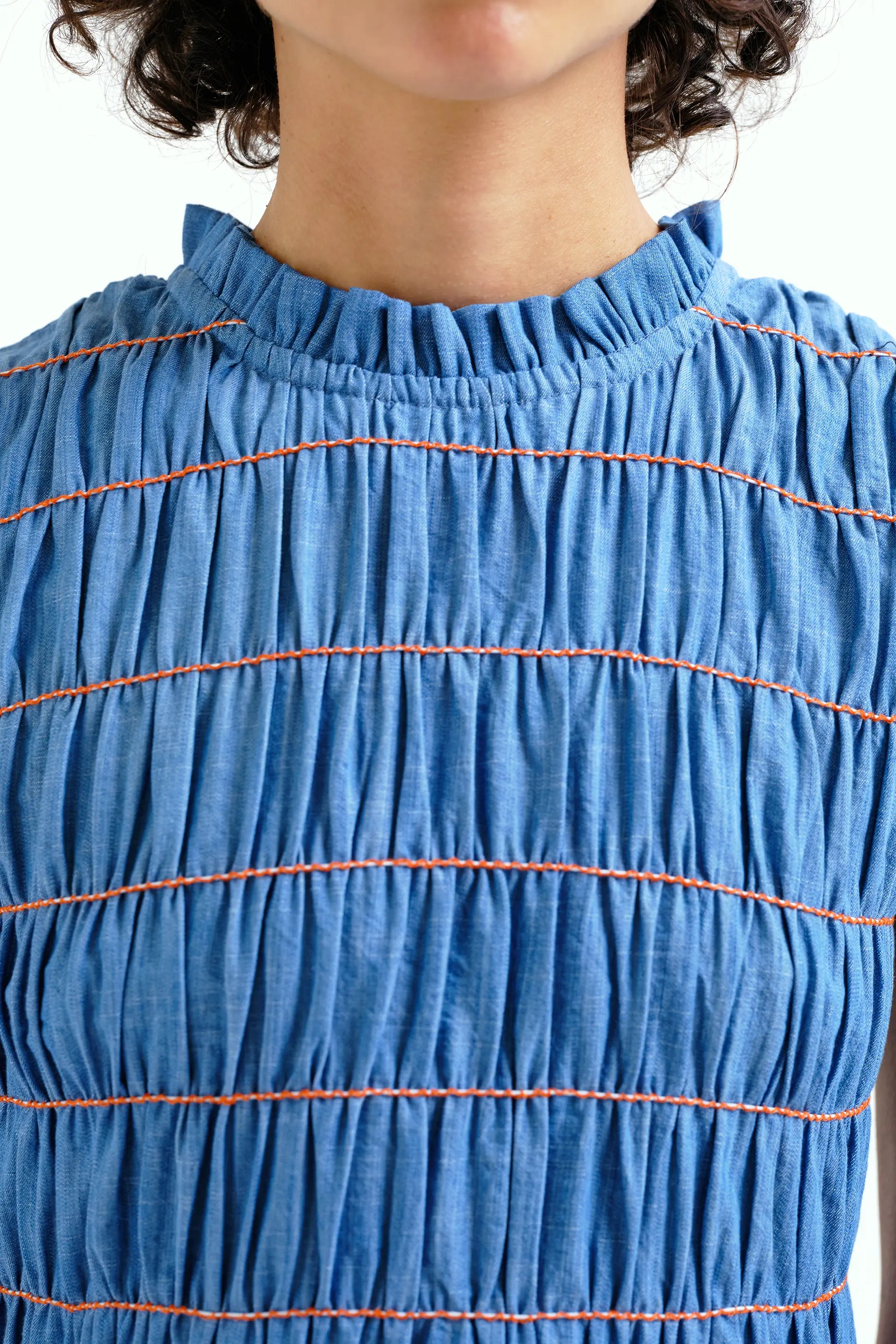 Vestido corto 100% algod¨®n chambray azul claro