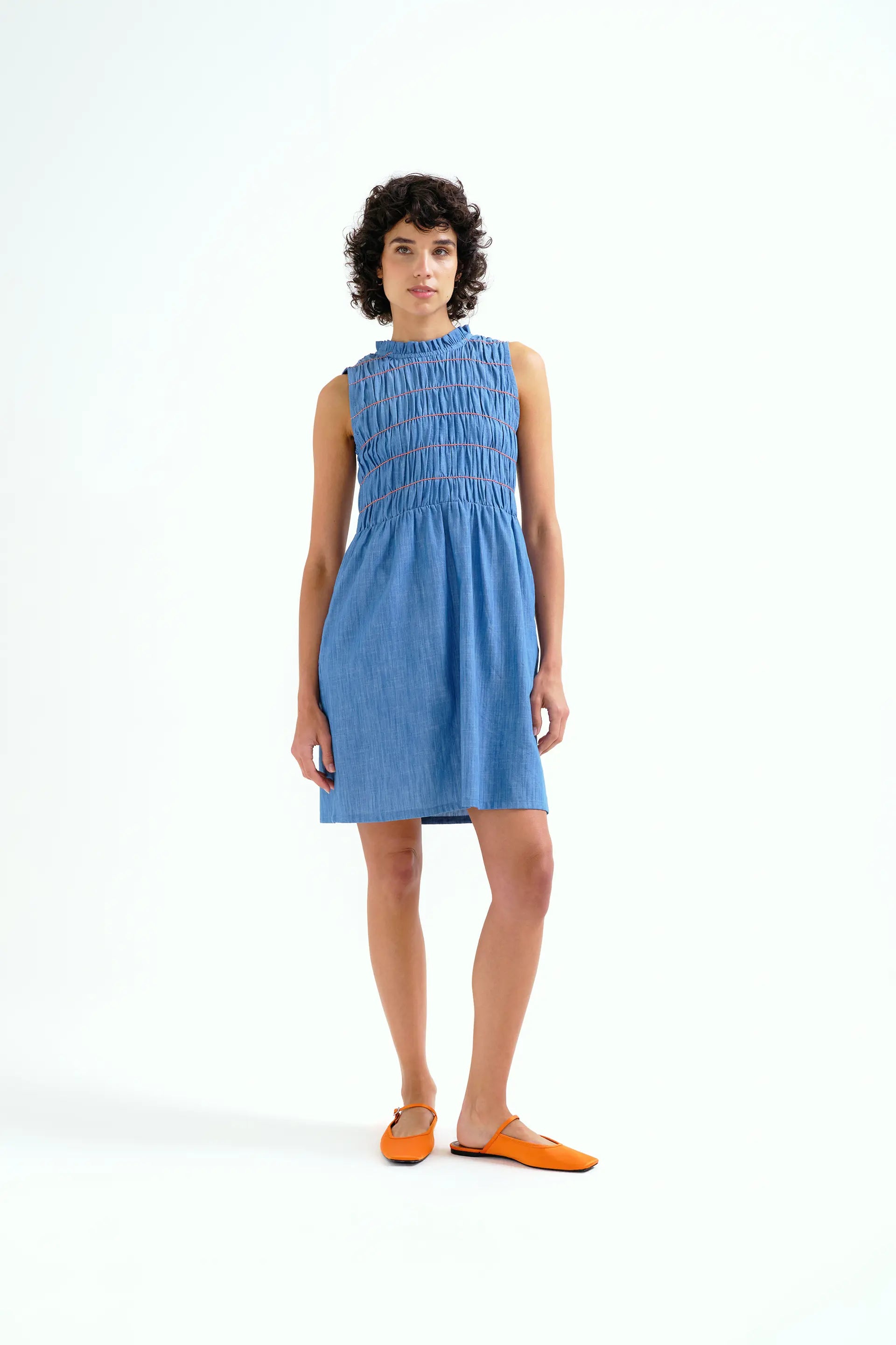 Vestido corto 100% algod¨®n chambray azul claro