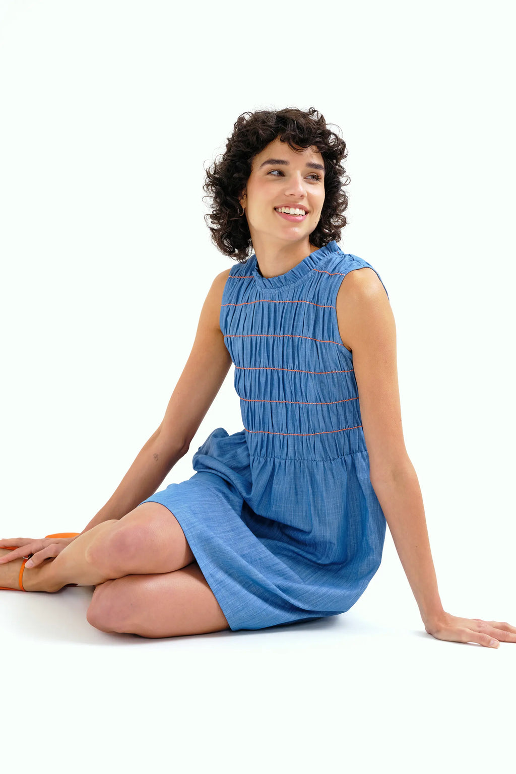 Vestido corto 100% algod¨®n chambray azul claro