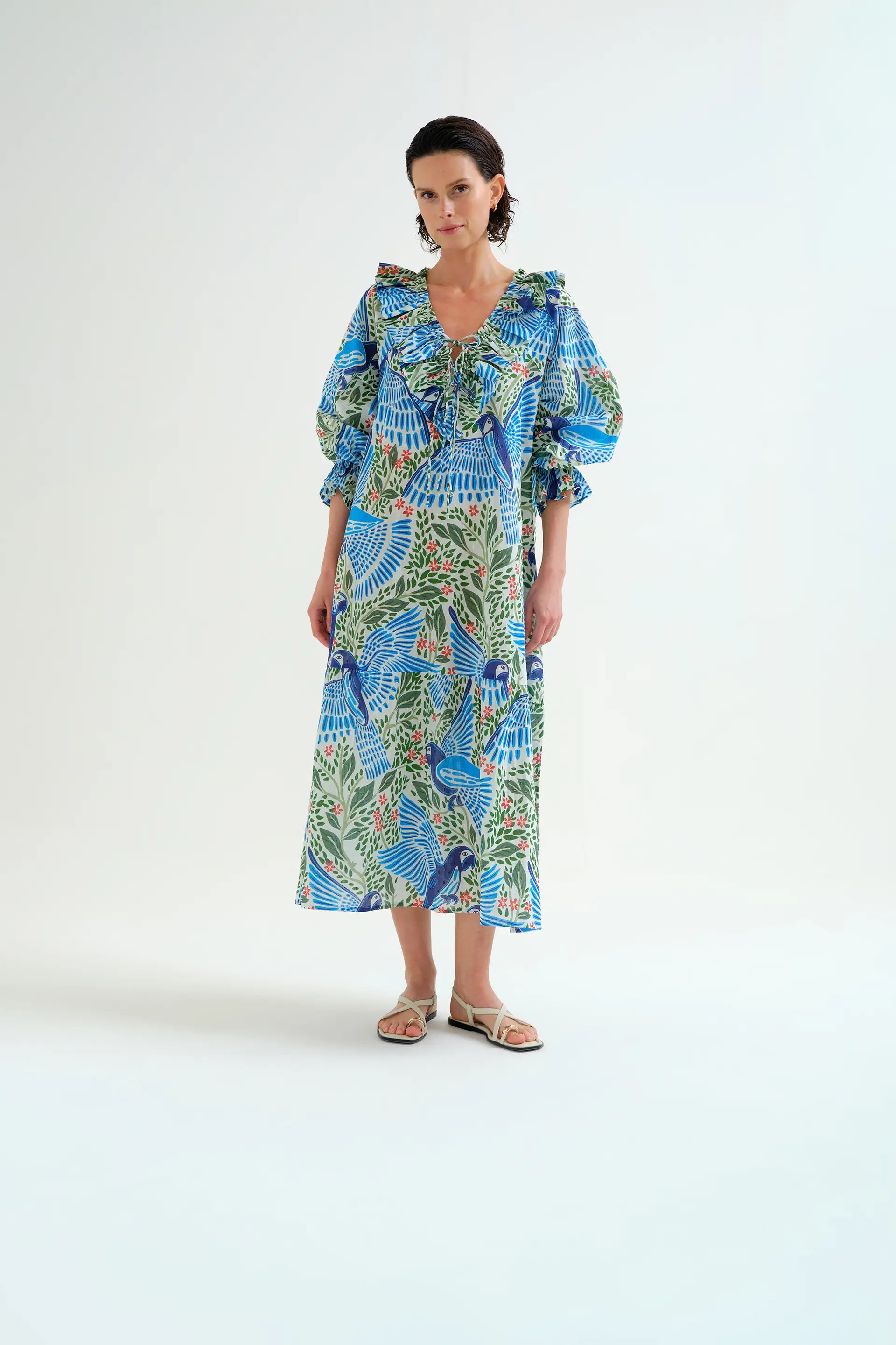 Vestido largo playero con estampado Parrot