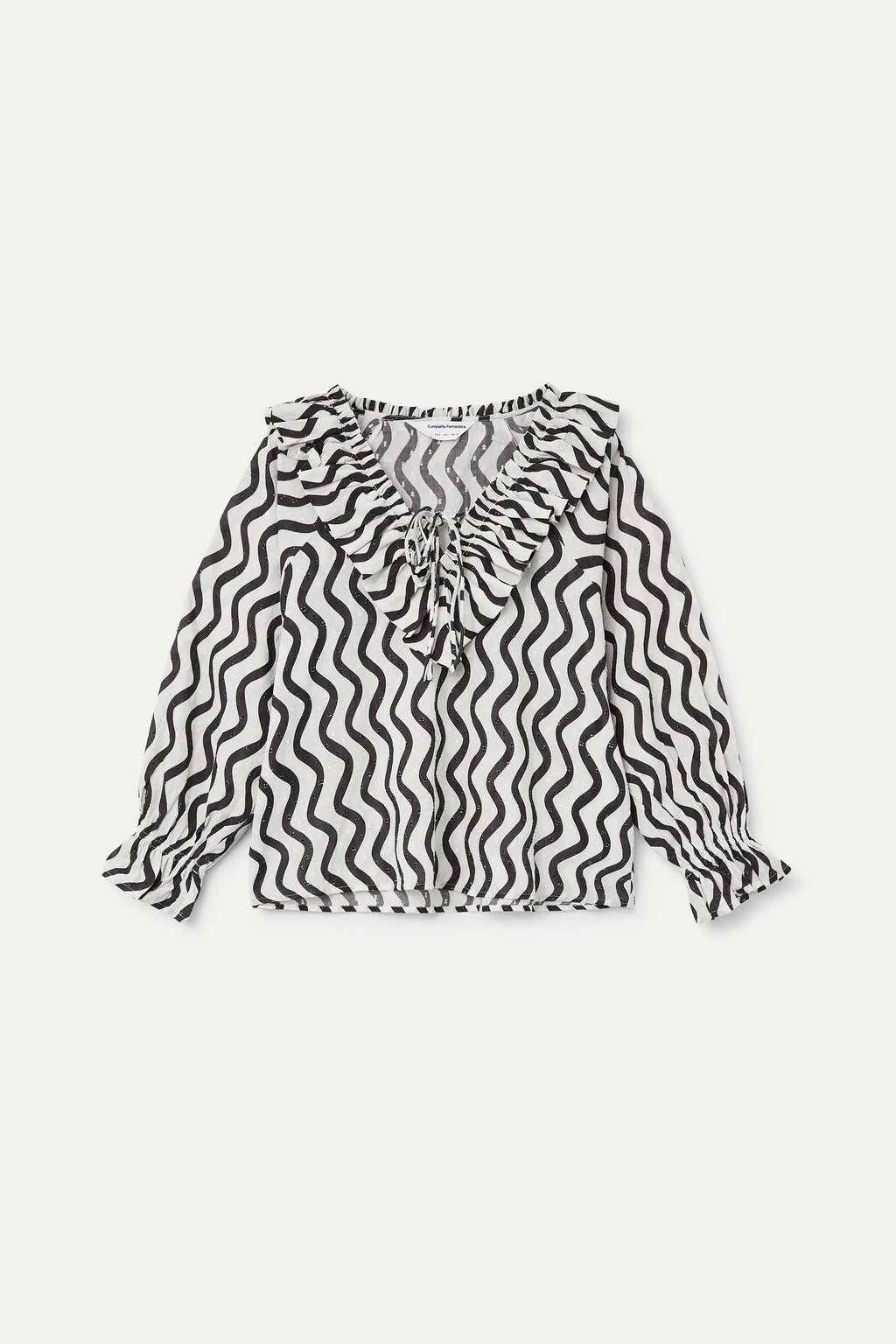 Top playero con estampado Wave Black & White con volantes