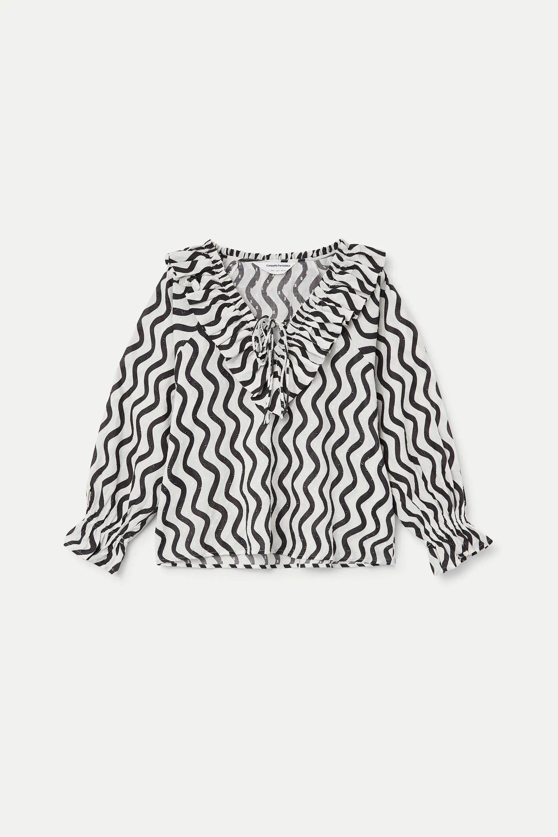 Top playero con estampado Wave Black & White con volantes