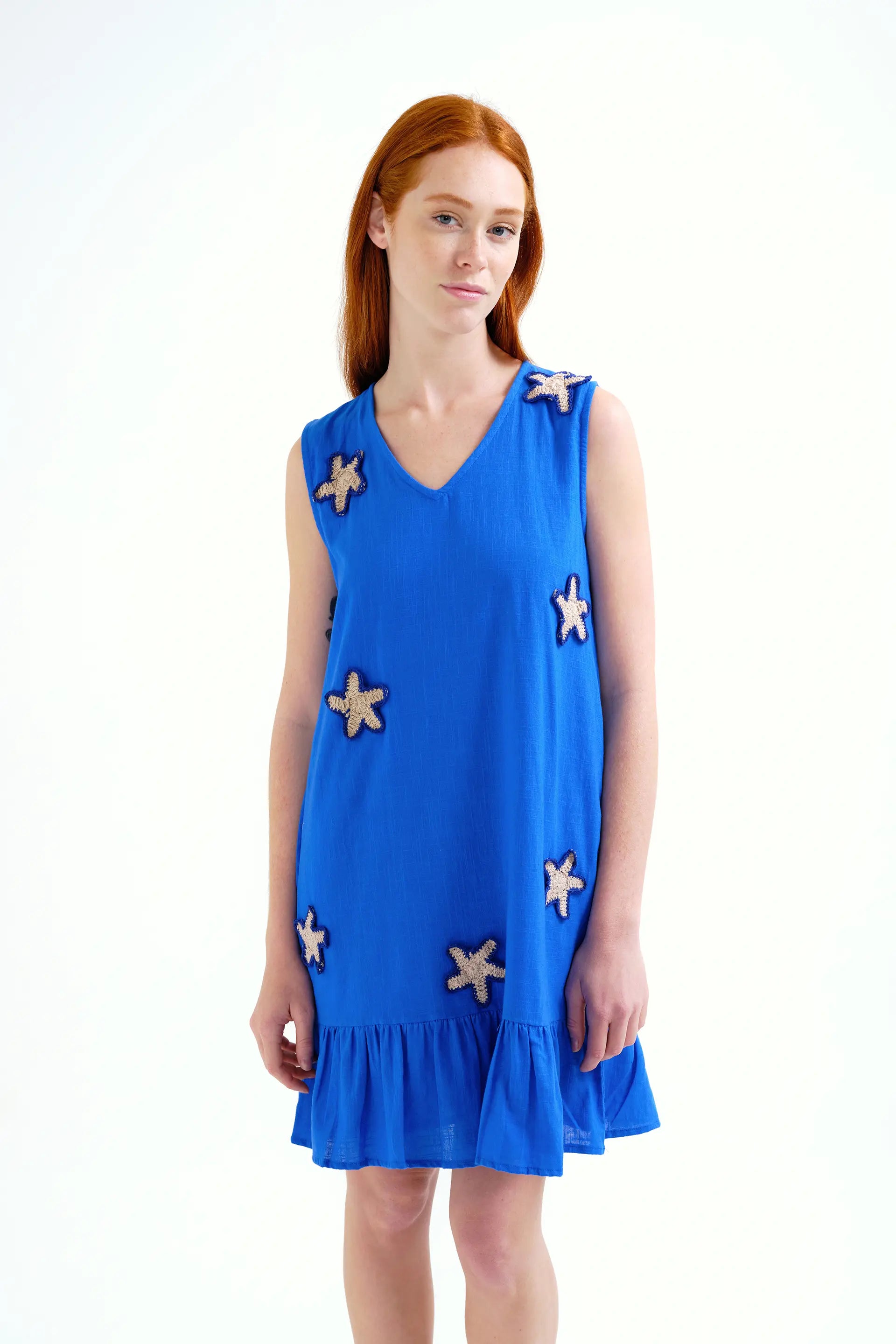 Vestido corto 100% algod¨®n azul marino con apliques de estrellas