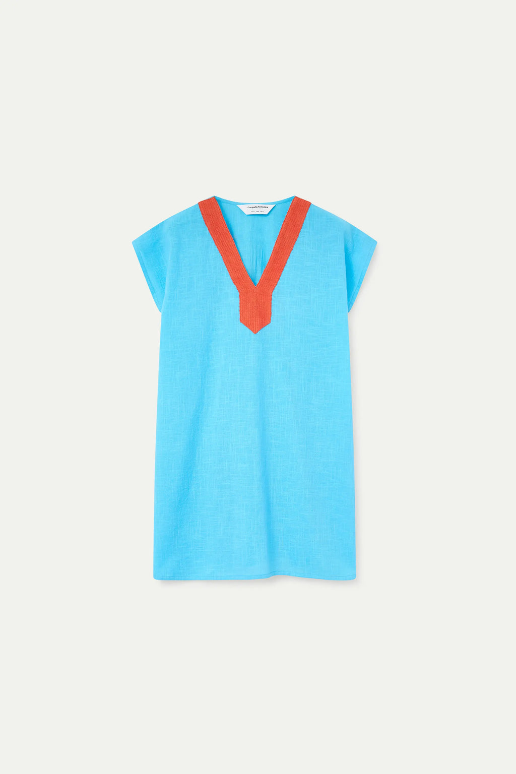 Kaftan corto azul con escote naranja