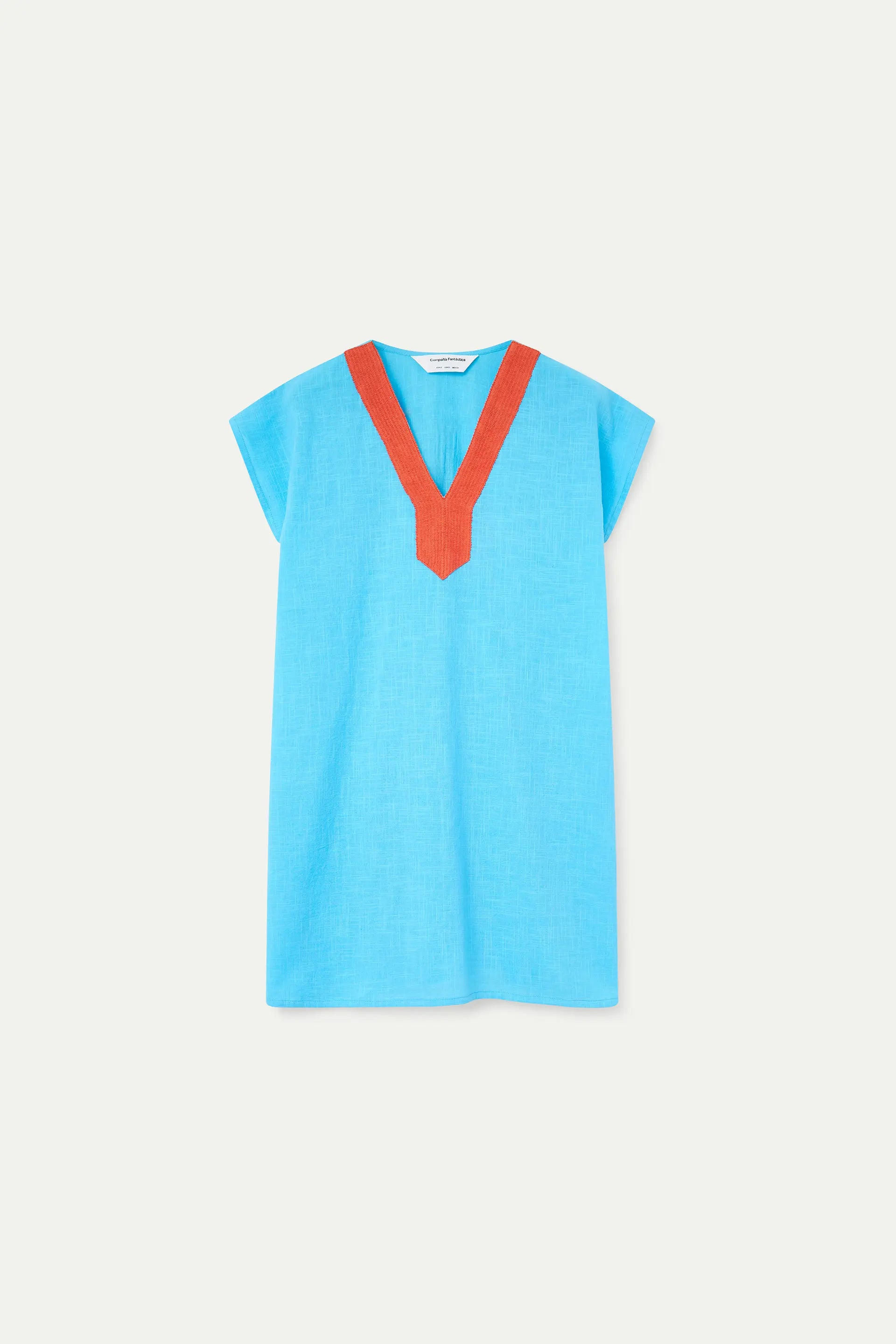 Kaftan corto azul con escote naranja