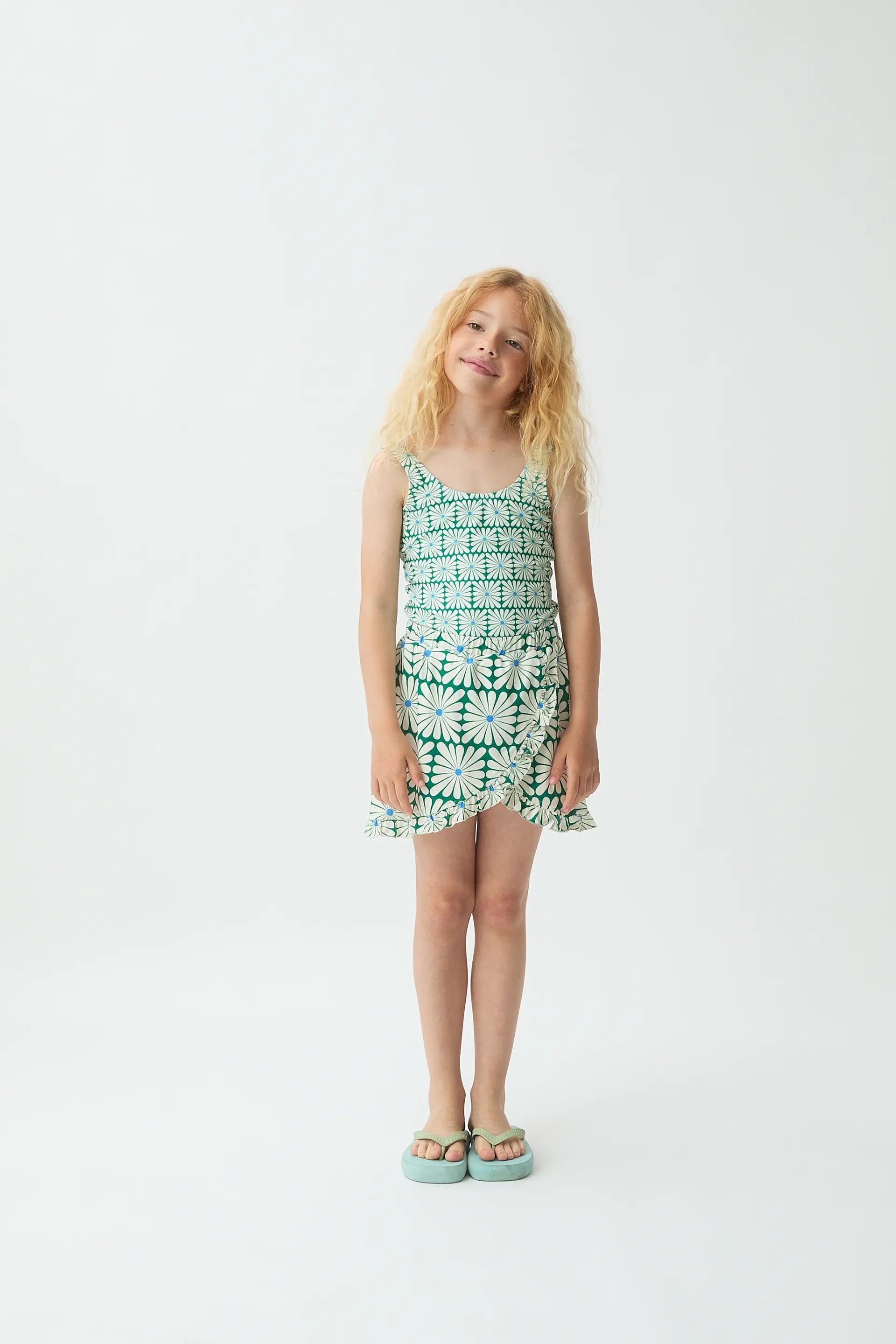 Falda corta pareo de ni?a con estampado Olive Flower Green
