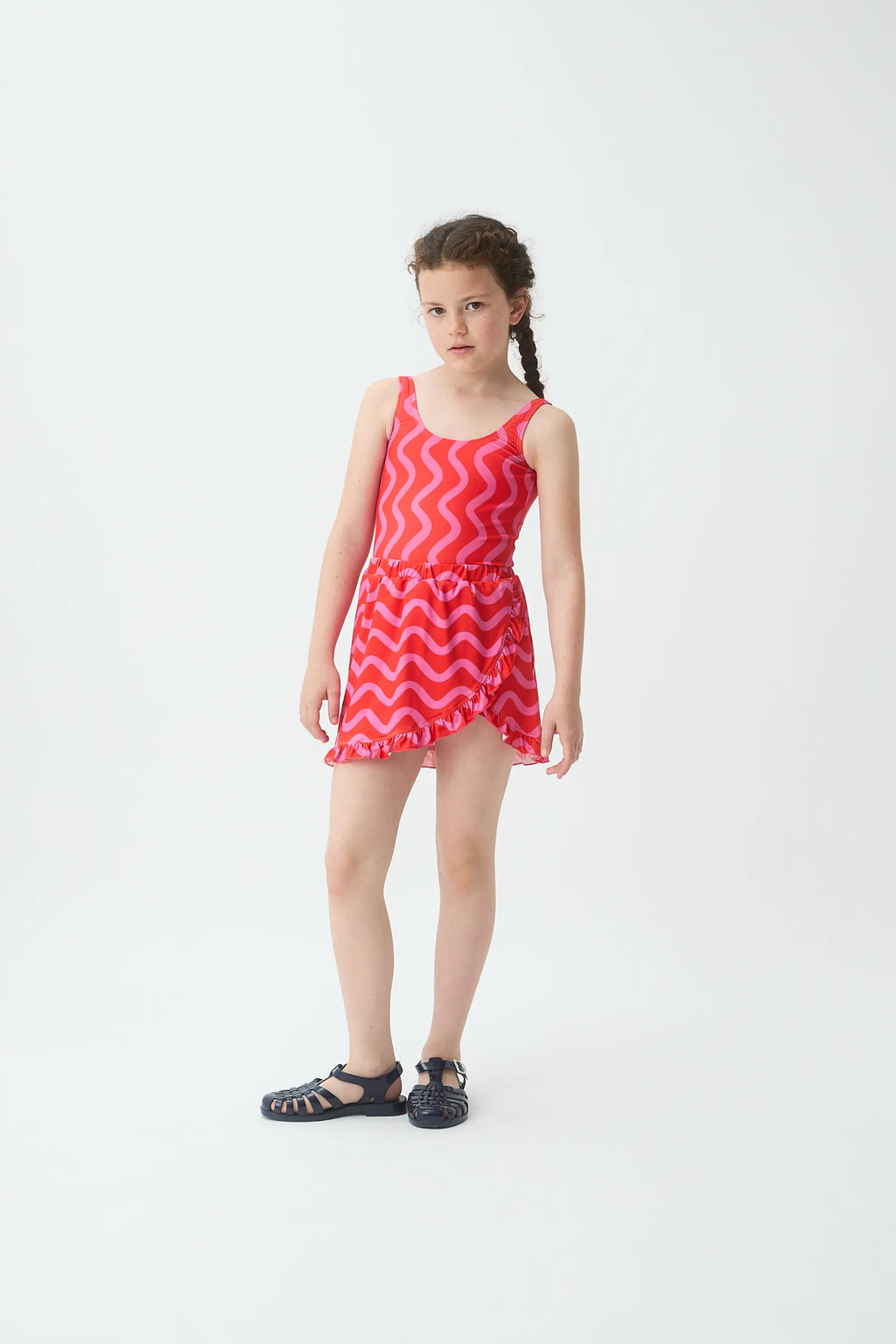 Falda corta pareo de ni?a con estampado Wave Red & Pink