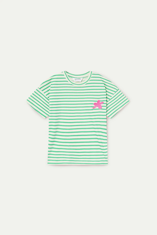 Camiseta de ni?a 100% algod¨®n con estampado de rayas blanco y verde