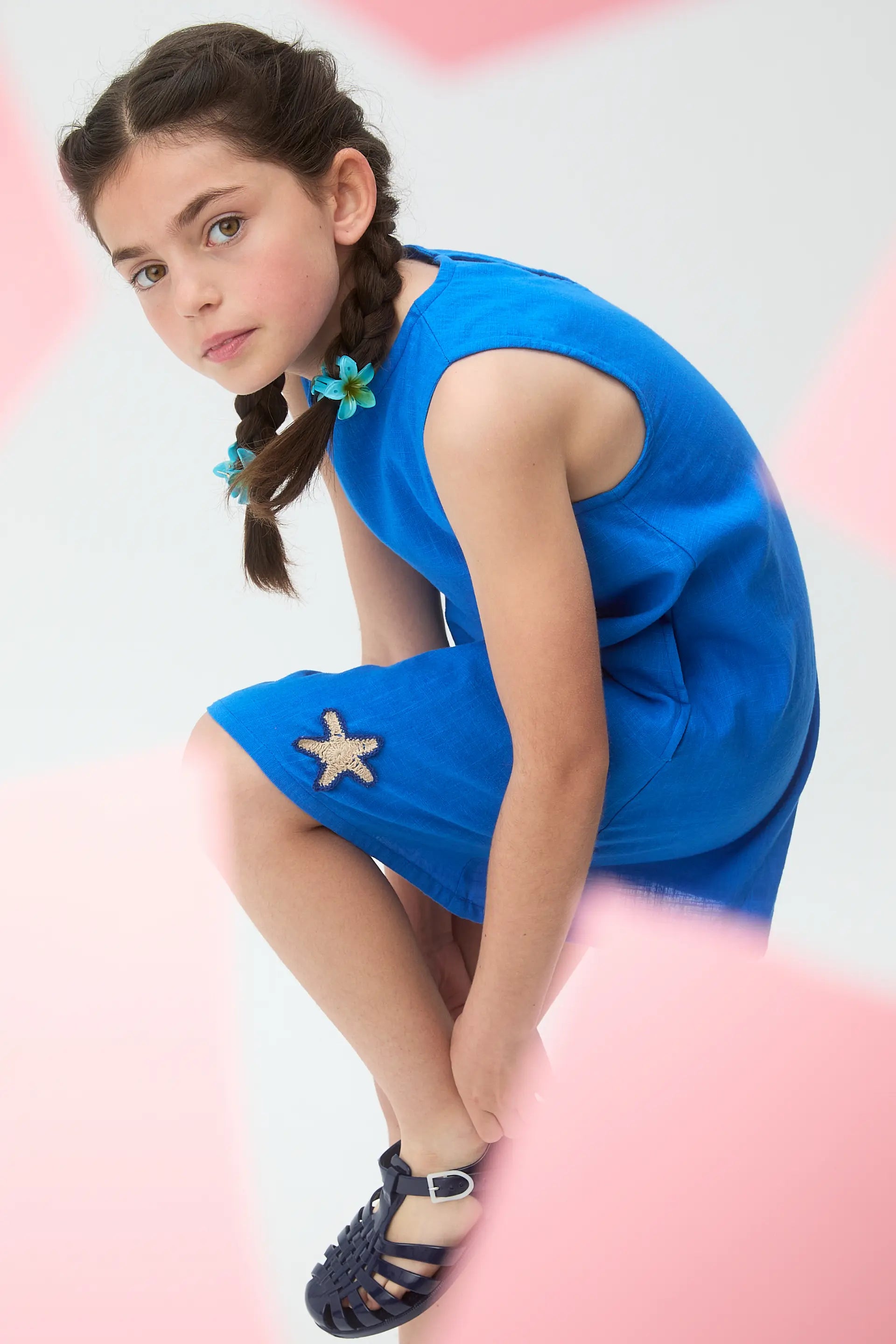 Vestido corto de ni?a 100% algod¨®n azul marino con parche de estrellas